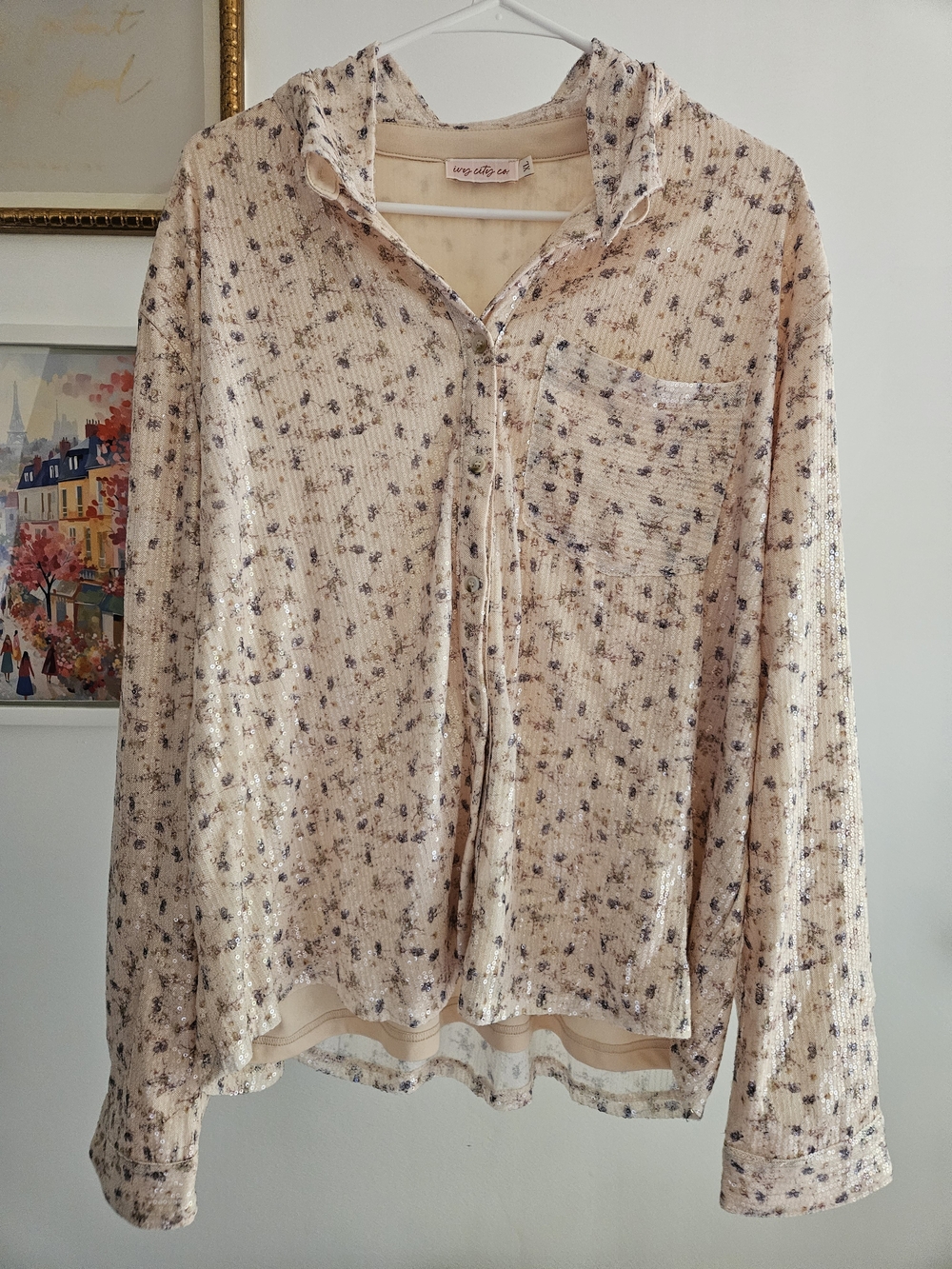 Sequin Ivy City Cream Floral Button-Up Top XL-XXL
